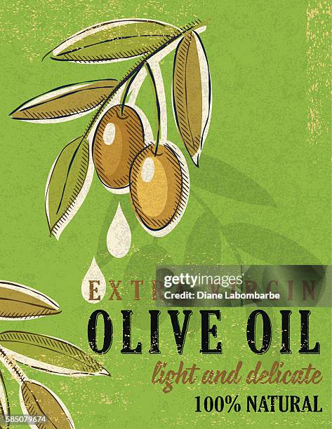 vintage-stil olivenöl poster - green olive fruit stock-grafiken, -clipart, -cartoons und -symbole