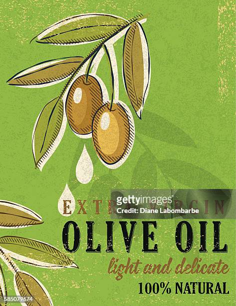 vintage style olive oil poster - green olive fruit stock illustrations