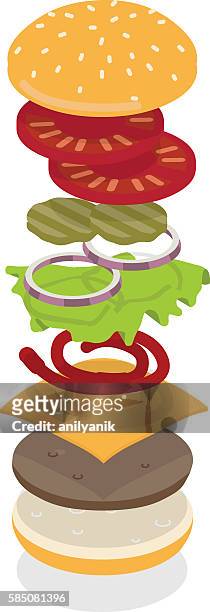 ilustrações de stock, clip art, desenhos animados e ícones de cheeseburger exploded - anilyanik