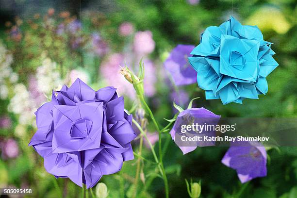 origami kusudama garden. bellflowers balls - origami flower stock pictures, royalty-free photos & images