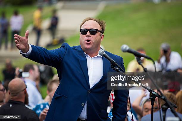 Conspiracy theorist and radio talk show host Alex Jones speaks during a rally in support of Donald Trump near the Republican National Convention...