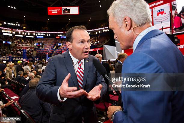 Reince Priebus, chairman of the Republican National Committee, during a television interview on the first day of the Republican National Convention...