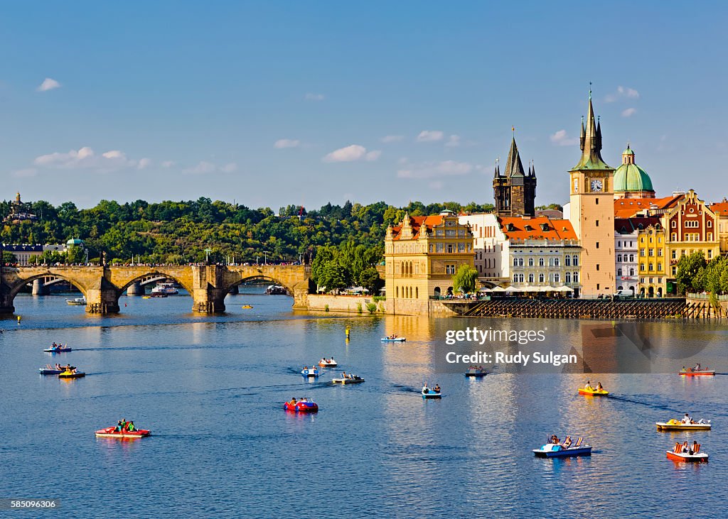 Boats on Vltava River in Prague