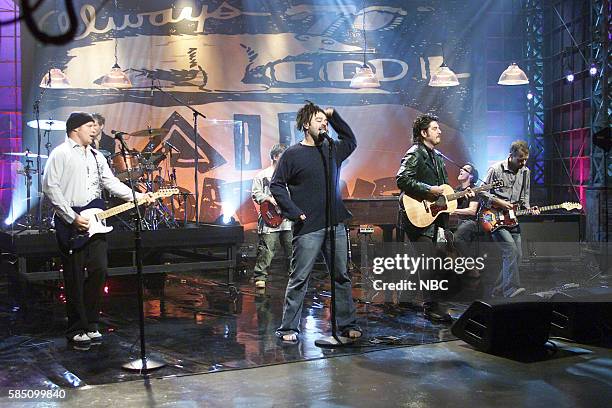 Episode 2607 -- Pictured: Musicians Dan Vickrey, Jim Bogios, Matt Malley, Adam Duritz, David Immergluck, Charlie Gillingham, and David Bryson of rock...