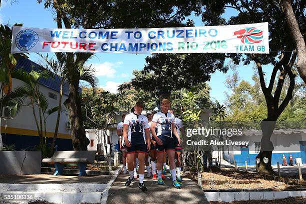 The players walk out for the Great Britain Rugby 7's training session at Cruzeiro FC on August 1, 2016 in Belo Horizonte, Brazil.