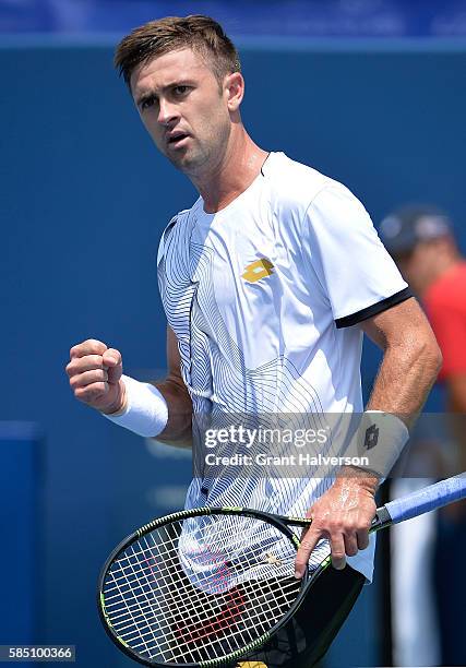 Tim Smyczek of the United States reacts in his win against Thiago Montiero of Brazil during the BB&T Atlanta Open at Atlantic Station on August 1,...