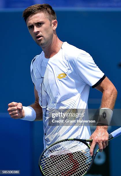 Tim Smyczek of the United States reacts in his win against Thiago Montiero of Brazil during the BB&T Atlanta Open at Atlantic Station on August 1,...