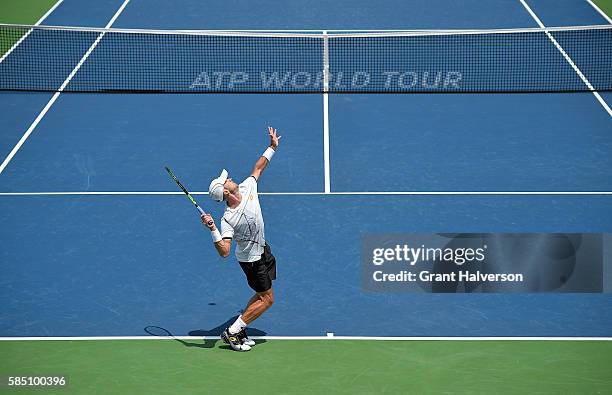 Tim Smyczek of the United States serves to Thiago Montiero of Brazil during the BB&T Atlanta Open at Atlantic Station on August 1, 2016 in Atlanta,...