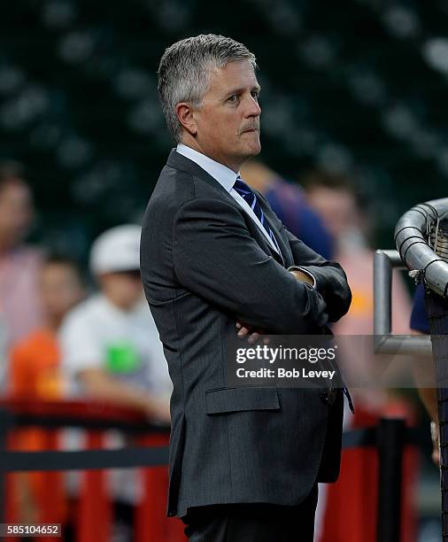 Houston Astros general manager Jeff Luhnow looks on during batting practice before a game against the Toronto Blue Jays at Minute Maid Park on August...