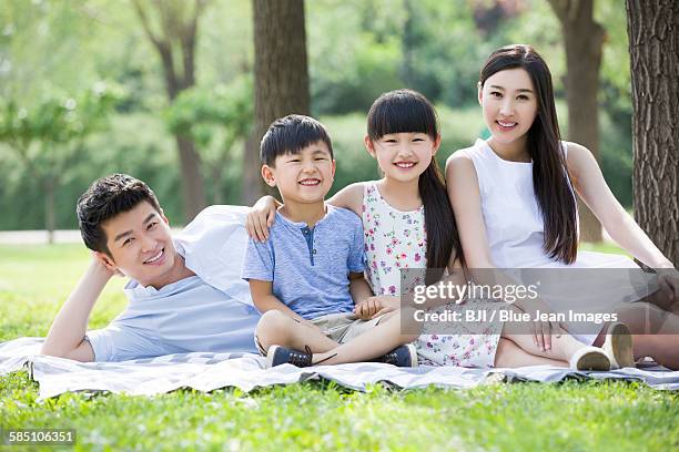 happy young family sitting on grass - front view portrait of four children sitting on rock stock-fotos und bilder