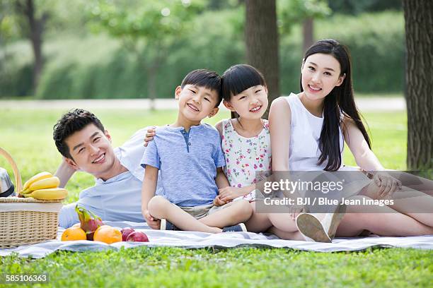 happy young family having picnic on grass - front view portrait of four children sitting on rock stock-fotos und bilder