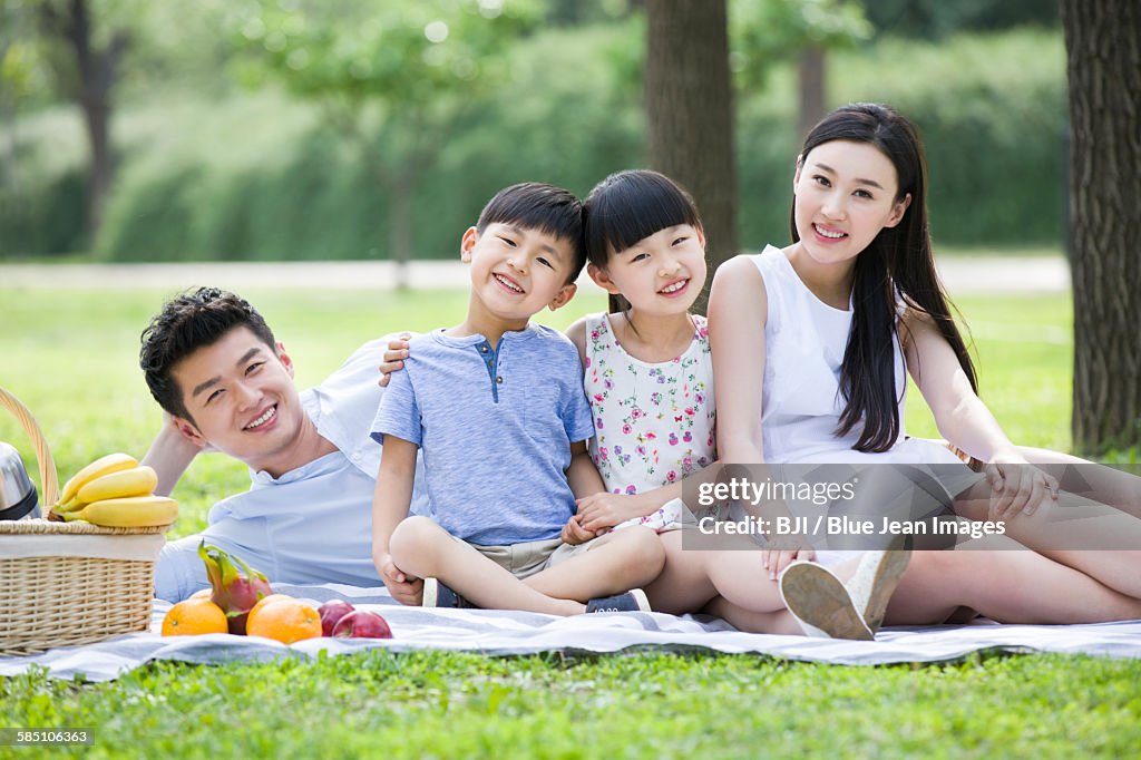 Happy young family having picnic on grass