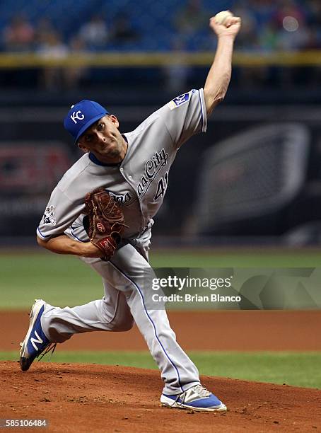 Danny Duffy of the Kansas City Royals pitches during the first inning of a game against the Tampa Bay Rays on August 1, 2016 at Tropicana Field in...