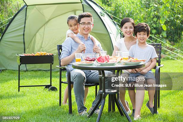 young family picnicking outdoors - front view portrait of four children sitting on rock stock-fotos und bilder