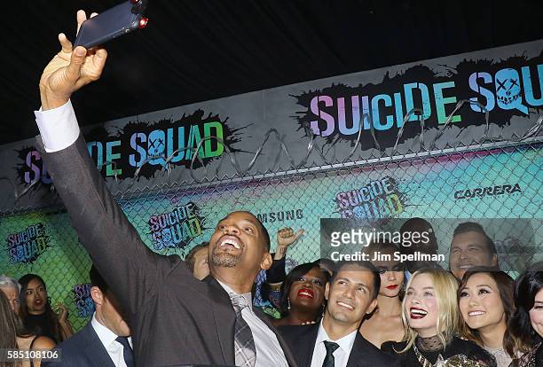 Actors Will Smith, Viola Davis, Jay Hernandez, Cara Delevingne, Margot Robbie and Karen Fukuhara attend the "Suicide Squad" world premiere at The...