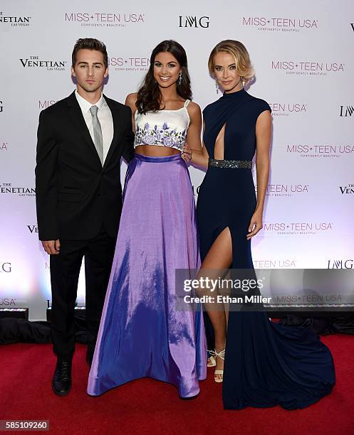 Actor and host Cody Johns, Miss Teen USA 2015 Katherine Haik and Miss USA 2015 and host Olivia Jordan attend the 2016 Miss Teen USA Competition at...
