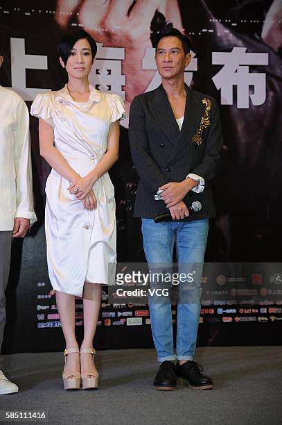 Actress Charmaine Sheh and actor Nick Cheung attend a press conference of movie version "Line Walker" on August 1, 2016 in Shanghai, China.