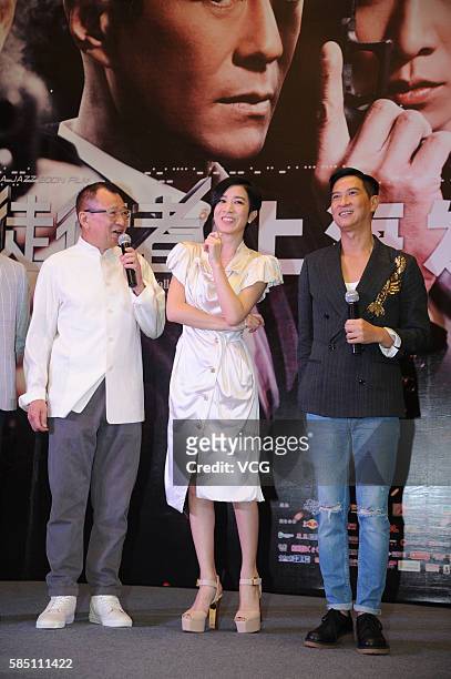 Actor Hui Siu Hung, actress Charmaine Sheh and actor Nick Cheung attend a press conference of movie version "Line Walker" on August 1, 2016 in...