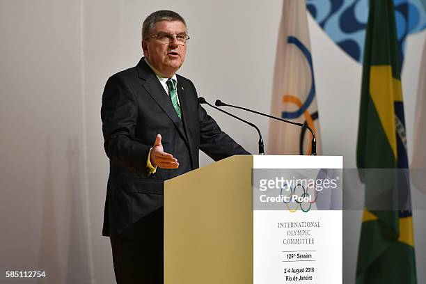 International Olympic Committee President Thomas Bach speaks during the opening ceremony of the 129th International Olympic Committee session, in Rio...