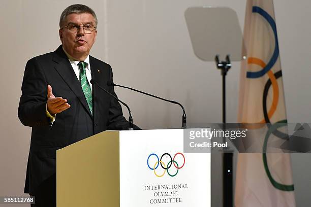 International Olympic Committee President Thomas Bach speaks during the opening ceremony of the 129th International Olympic Committee session, in Rio...