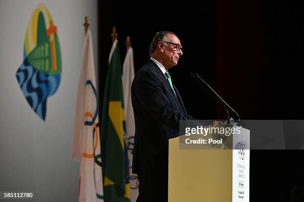 President of the Rio 2016 Olympic Organizating Committee Carlos Arthur Nuzman speaks during the opening ceremony of the 129th International Olympic...