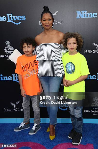 Actress Garcelle Beauvais and sons Jaid Thomas Nilon and Jax Joseph Nilon attend the premiere of EuropaCorp's "Nine Lives" at the TCL Chinese Theatre...