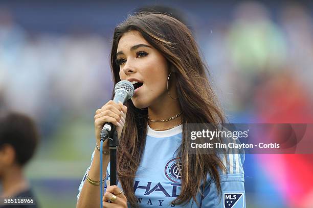 July 30: Madison Beer, a well-known recording artist sings the National Anthem before the NYCFC Vs Colorado Rapids regular season MLS game at Yankee...