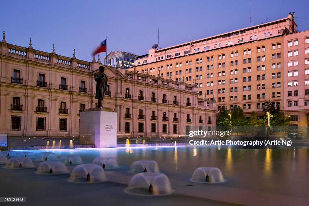 The Statue of the President Arturo Alessandri at Citizenry Square with La Moneda Palace in the Background, Santiago, Chile, South America