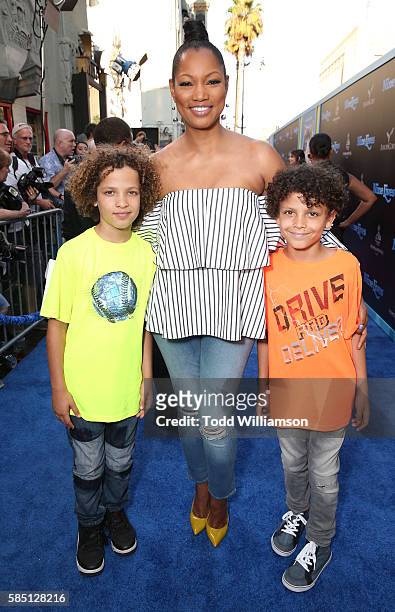 Actress Garcelle Beauvais and sons Jaid Thomas Nilon and Jax Joseph Nilon attend the premiere Of EuropaCorp's "Nine Lives" at TCL Chinese Theatre on...