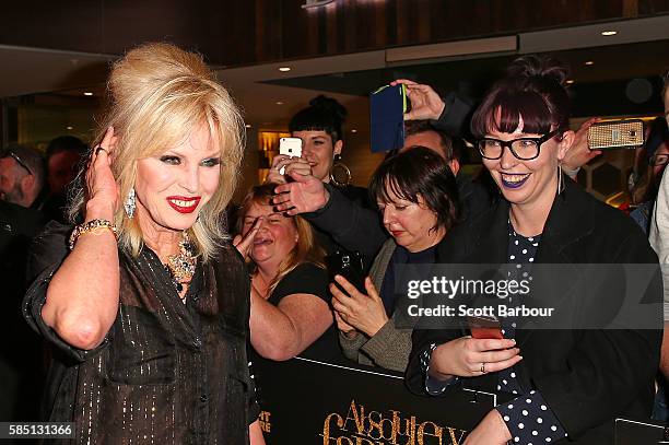 Joanna Lumley greets fans in the crwod as she arrives ahead of the Absolutely Fabulous: The Movie Melbourne premiere at Village Cinemas Crown on...