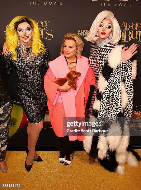 Jennifer Saunders poses with two drag queens ahead of the Absolutely Fabulous: The Movie Melbourne premiere at Village Cinemas Crown on August 2,...