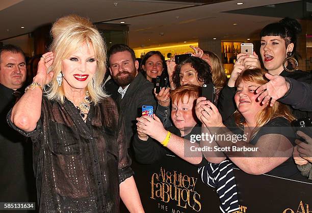 Joanna Lumley greets fans in the crwod as she arrives ahead of the Absolutely Fabulous: The Movie Melbourne premiere at Village Cinemas Crown on...