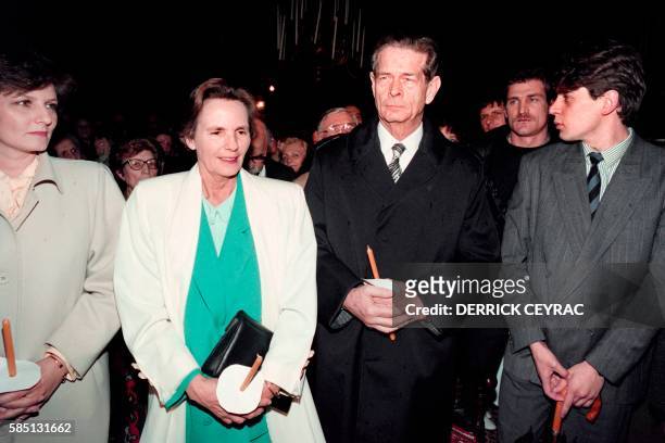Photo taken on April 15, 1990 shows , princess Marguerite of Romania, queen Anne of Romania and former king Michael I of Romania attending the...