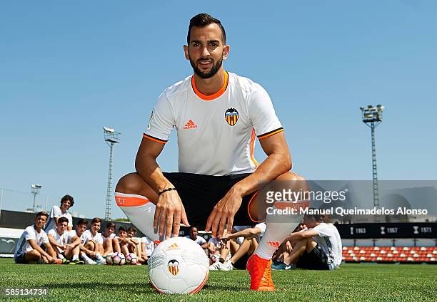 Martin Montoya faces the media during his presentation as a new player for Valencia CF at Paterna Training Centre on August 2, 2016 in Valencia,...