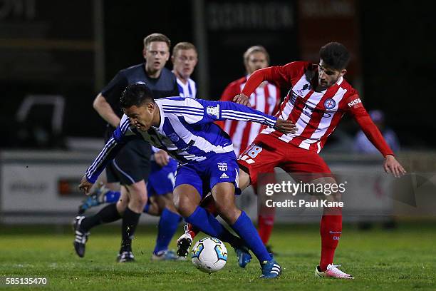 Dennis Galan of Floreat Athena and Paulo Retre of Melbourne City contest for the ball during the FFA Cup Round of 32 match between Floreat Athena and...