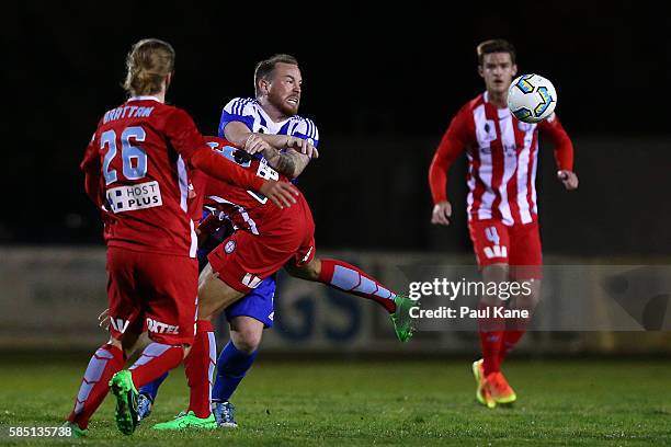 Lewis McMahon of Floreat Athena contests for the bal during the FFA Cup Round of 32 match between Floreat Athena and Melbourne City FC at Dorrien...