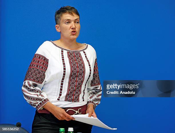 Ukrainian pilot, member of the Ukrainian Parliament and member of the Ukrainian delegation to PACE, Nadiya Savchenko delivers a speech during h press...