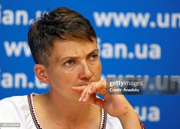 Ukrainian pilot, member of the Ukrainian Parliament and member of the Ukrainian delegation to PACE, Nadiya Savchenko attends her press conference in...