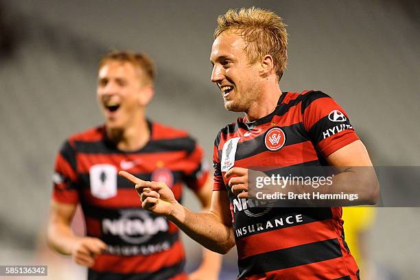 Mitch Nichols of the Wanderers celebrates after scoring a goal during the FFA Cup Round of 32 match between the Western Sydney Wanderers and the...