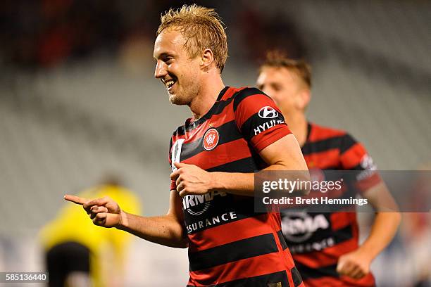 Mitch Nichols of the Wanderers celebrates after scoring a goal during the FFA Cup Round of 32 match between the Western Sydney Wanderers and the...