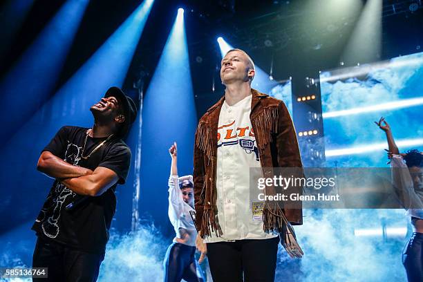 Macklemore & Ryan Lewis perform on stage at Brisbane Entertainment Centre on August 2, 2016 in Brisbane, Australia.