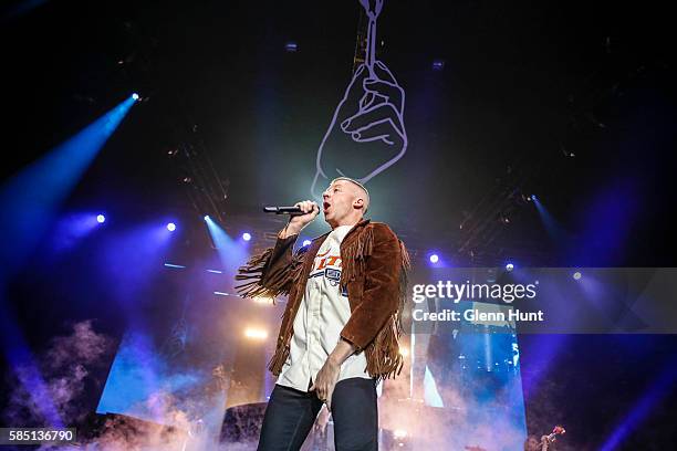 Macklemore & Ryan Lewis perform on stage at Brisbane Entertainment Centre on August 2, 2016 in Brisbane, Australia.