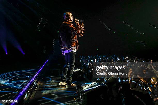 Macklemore & Ryan Lewis perform on stage at Brisbane Entertainment Centre on August 2, 2016 in Brisbane, Australia.