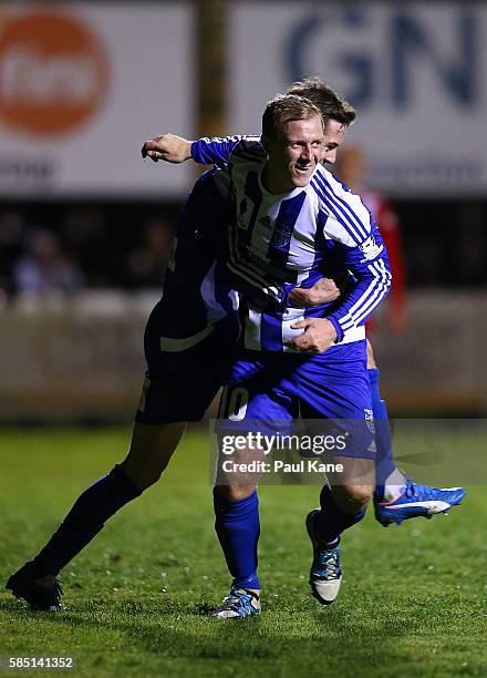 Kris Gate of Floreat Athena celebrates after scoring a goal with Jonathan Stynes during the FFA Cup Round of 32 match between Floreat Athena and...