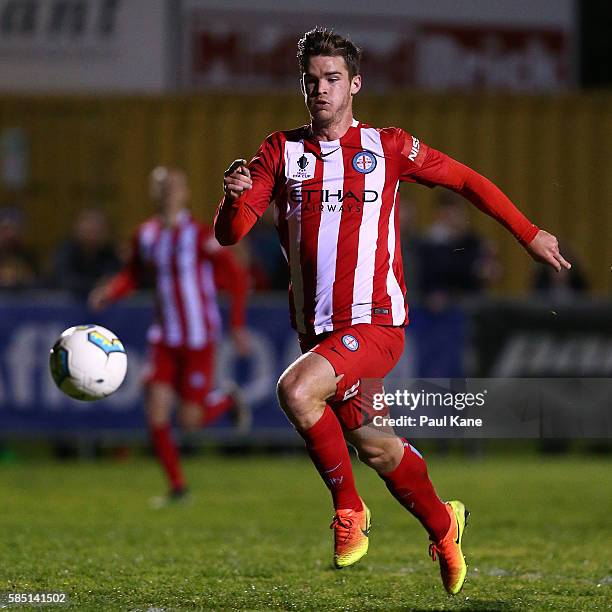 Connor Chapman of Melbourne City runs onto the ball during the FFA Cup Round of 32 match between Floreat Athena and Melbourne City FC at Dorrien...