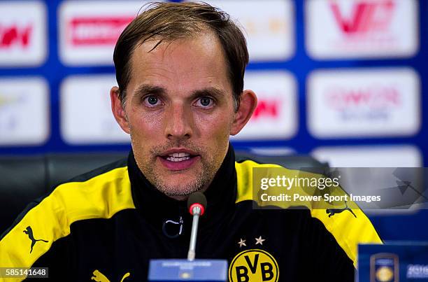 Borussia Dortmund's coach Thomas Tuchel attends a press conference after the Borussia Dortmund and Manchester City FC match as part of 2016...