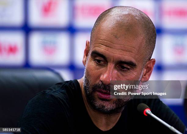 Manchester City FC's coach Pep Guardiola attends a press conference after the Borussia Dortmund and Manchester City FC match as part of 2016...