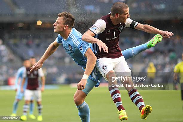 July 30: Frederic Brillant of New York City FC is challenged by Sam Cronin of Colorado Rapids during the NYCFC Vs Colorado Rapids regular season MLS...