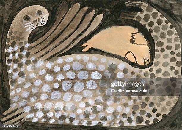 painted adult seal and baby seal on black background - gray seal pup stock illustrations