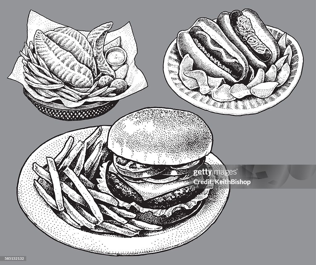 Fast Food, Hamburger, Hot Dog, Fish and Chips